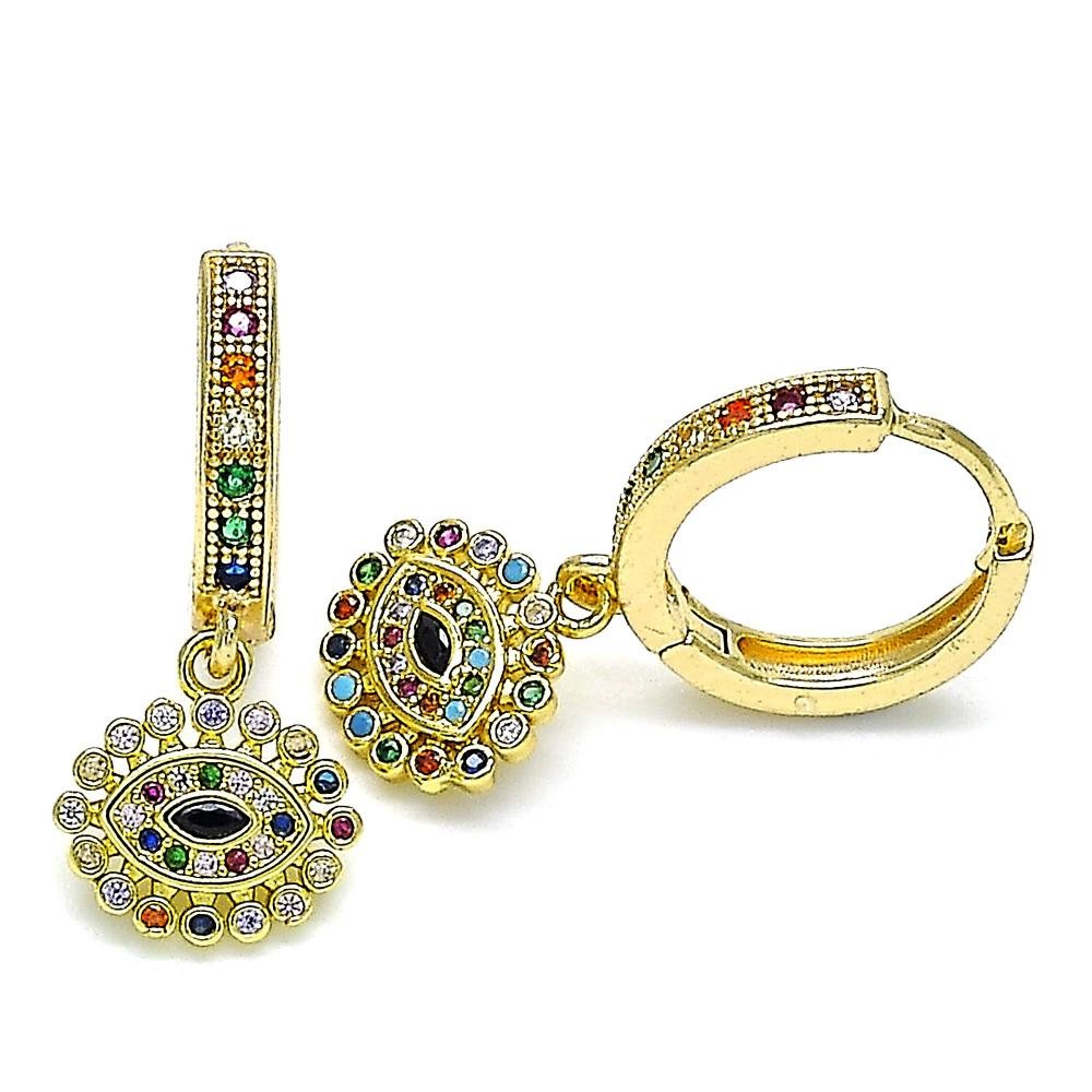Gold Filled Huggie Hoop Earrings Greek Eye Design With Multicolor Micro Pave Polished Finish Golden Tone