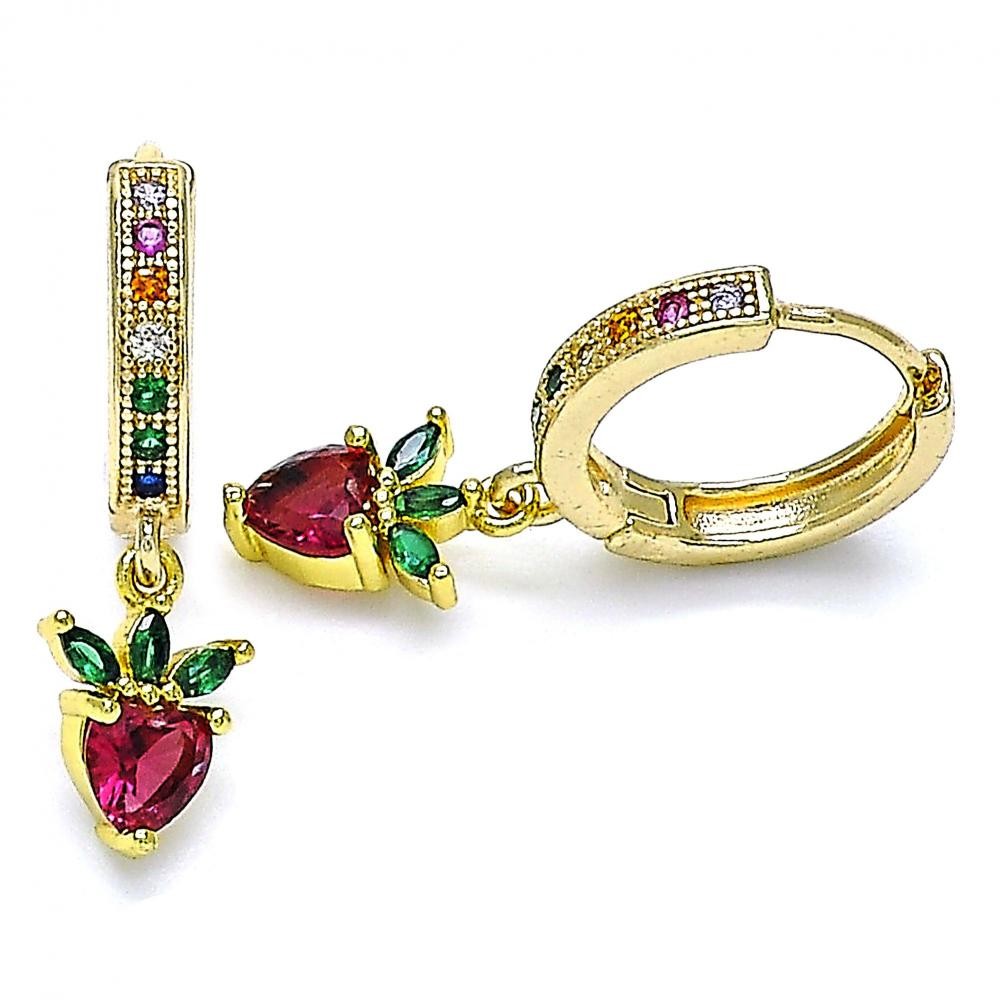 Gold Filled Huggie Hoop Earrings Strawberry Design With Ruby and Green Cubic Zirconia Polished Finish Golden Tone