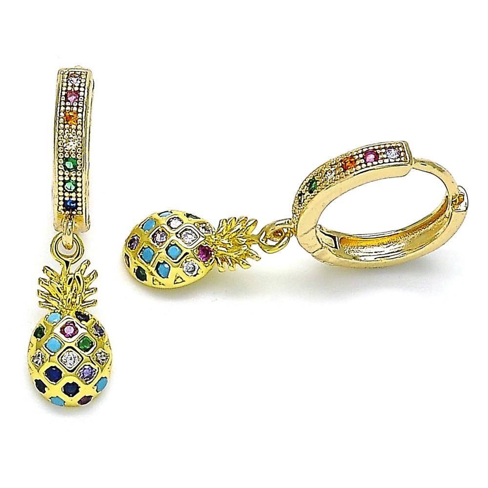 Gold Filled Huggie Hoop Earrings Pineapple Design With Multicolor Micro Pave Polished Finish Golden Tone