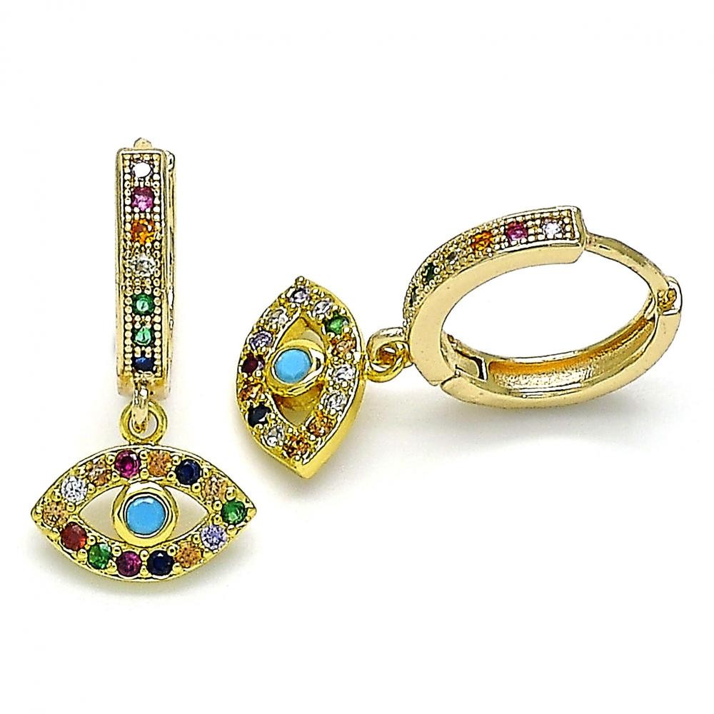 Gold Filled Huggie Hoop Earrings Greek Eye Design With Multicolor Micro Pave Polished Finish Golden Tone