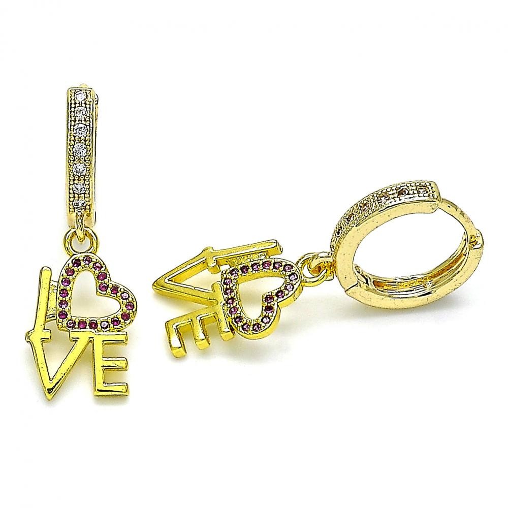 Gold Filled Huggie Hoop Earrings Love Design With Ruby Micro Pave Polished Finish Golden Tone