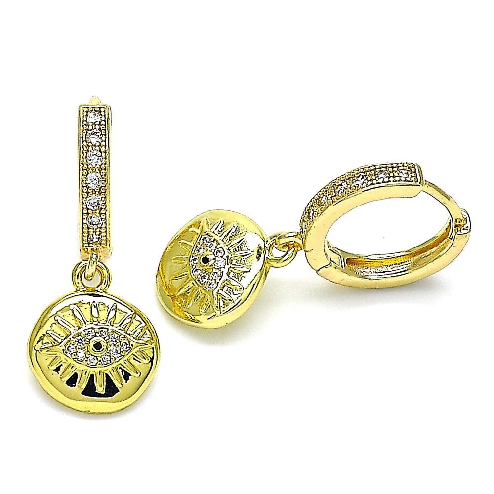 Gold Filled Huggie Hoop Earrings Greek Eye Design With White and Blue Topaz Micro Pave Polished Finish Golden Tone