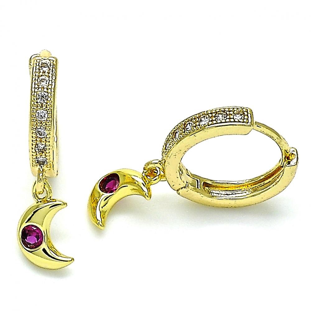 Gold Filled Huggie Hoop Moon Design With Ruby Cubic Zirconia and White Micro Pave Polished Finish Golden Tone