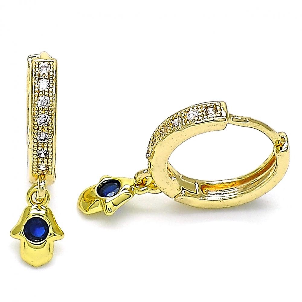 Gold Filled Huggie Hoop Hand of God Design With Blue Topaz Cubic Zirconia and White Micro Pave Polished Finish Golden Tone