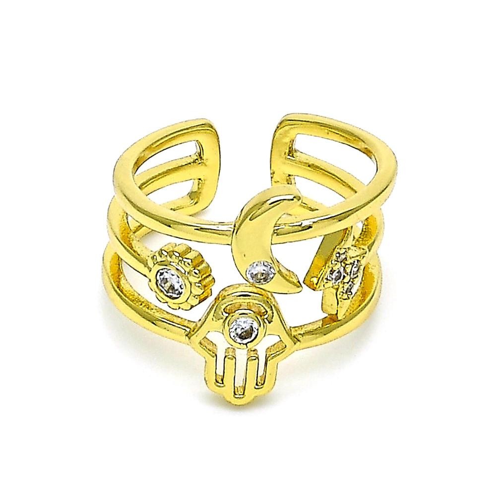 Gold Filled Elegant Ring Hand of God and Moon Design With White Cubic Zirconia and White Micro Pave Polished Finish Golden Tone