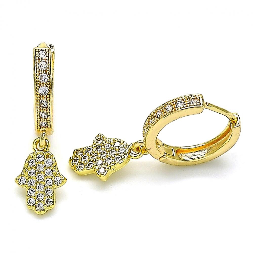 Gold Filled Huggie Hoop Hand of God Design With White Micro Pave Polished Finish Golden Tone
