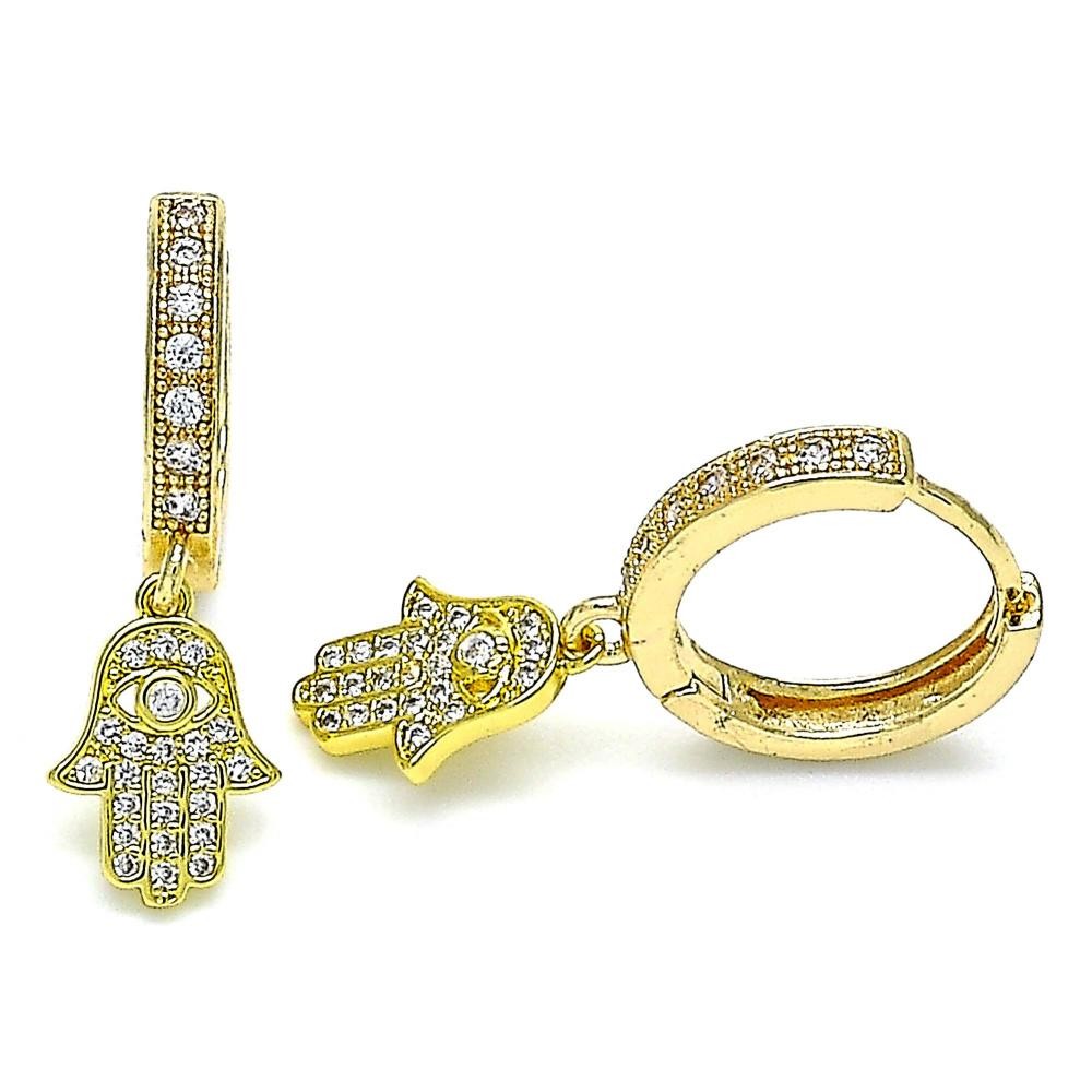 Gold Filled Huggie Hoop Hand of God Design With White Micro Pave Polished Finish Golden Tone
