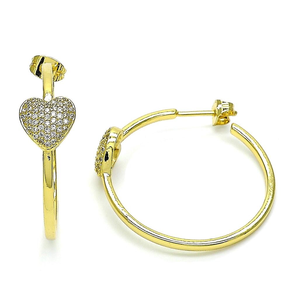 Gold Filled Hoop Earrings Heart Design With White Micro Pave Polished Finish Golden Tone