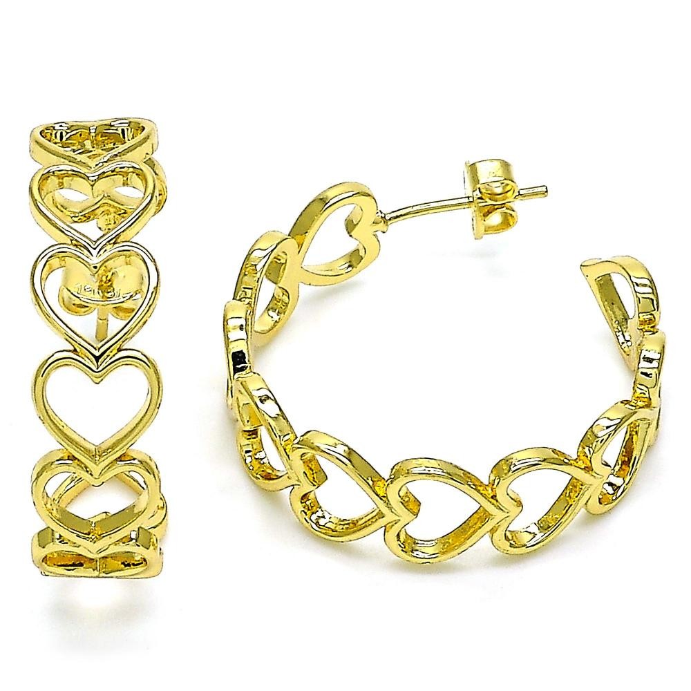 Gold Filled Hoop Earrings Heart Design Polished Finish Golden Tone