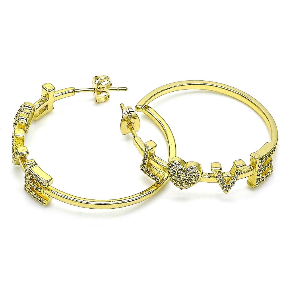 Gold Filled Hoop Earrings Love and Heart Design with White Micro Pave Polished Finish Golden Tone