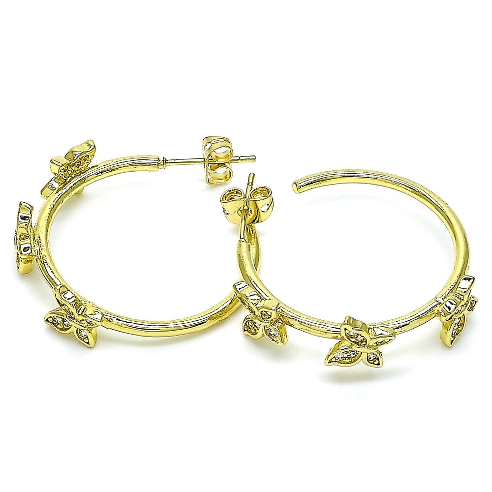 Gold Filled Hoop Earrings Butterfly Design With White Micro Pave Polished Finish Golden Tone