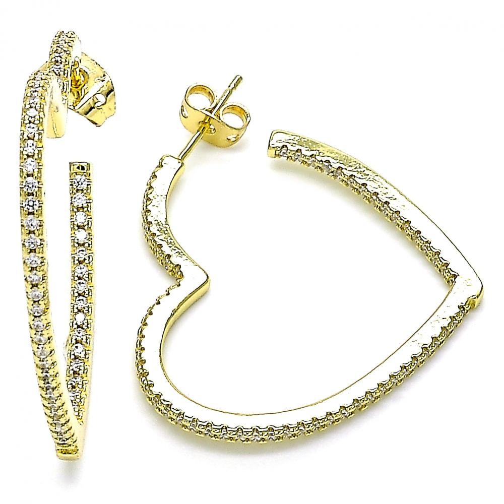 Gold Filled Hoop Earrings Heart Design With White Micro Pave Polished Finish Golden Tone