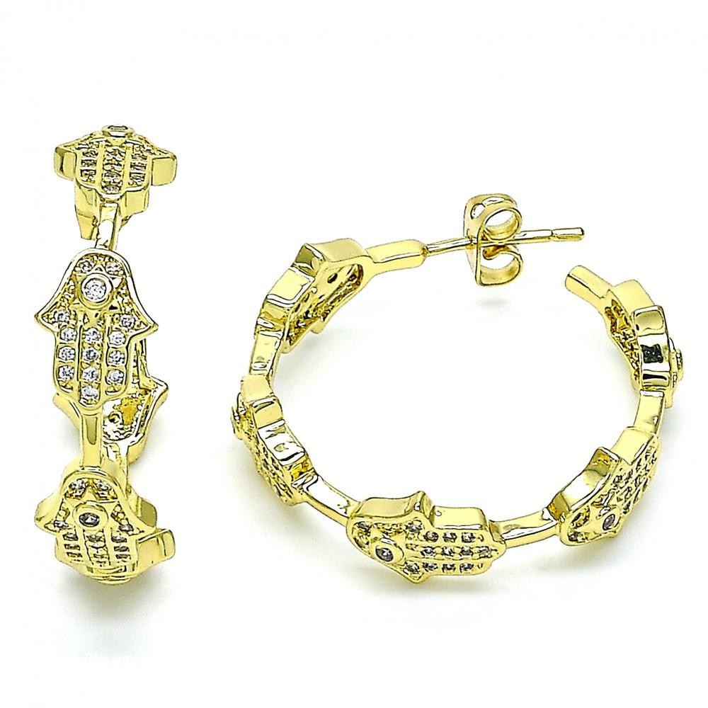 Gold Filled Hoop Earrings Hamsa Design With White Micro Pave Polished Finish Golden Tone
