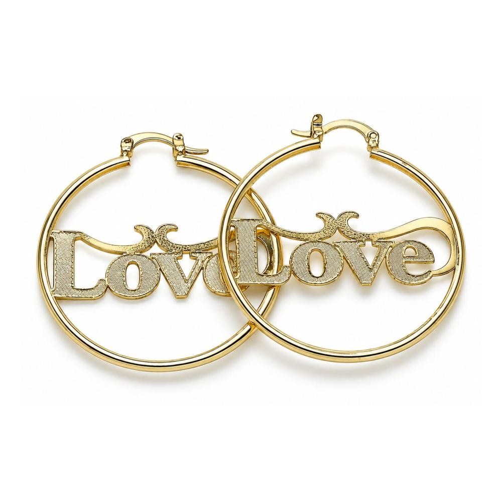 Oro Laminado Medium Hoop Gold Filled Style Nameplate and Love Design Polished Golden Finish