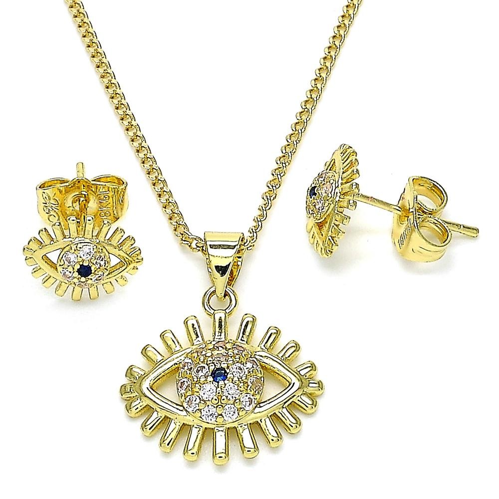 Gold Filled Earring and Pendant Set Greek Eye Design With Sapphire Blue Micro Pave Polished Finish Golden Tone
