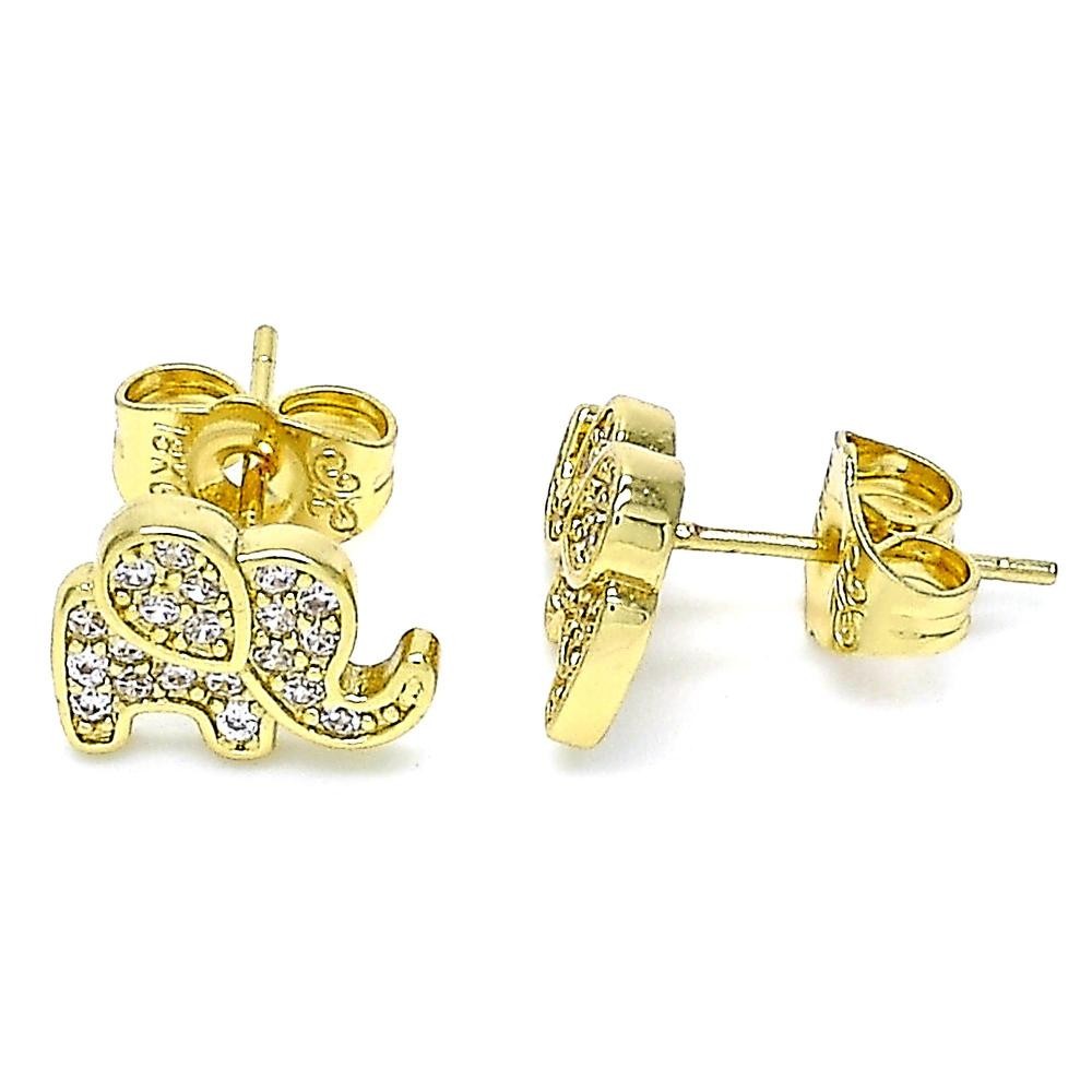 Gold Filled Elephant Design Stud Earrings With White Micro Pave Polished Finish Golden Tone