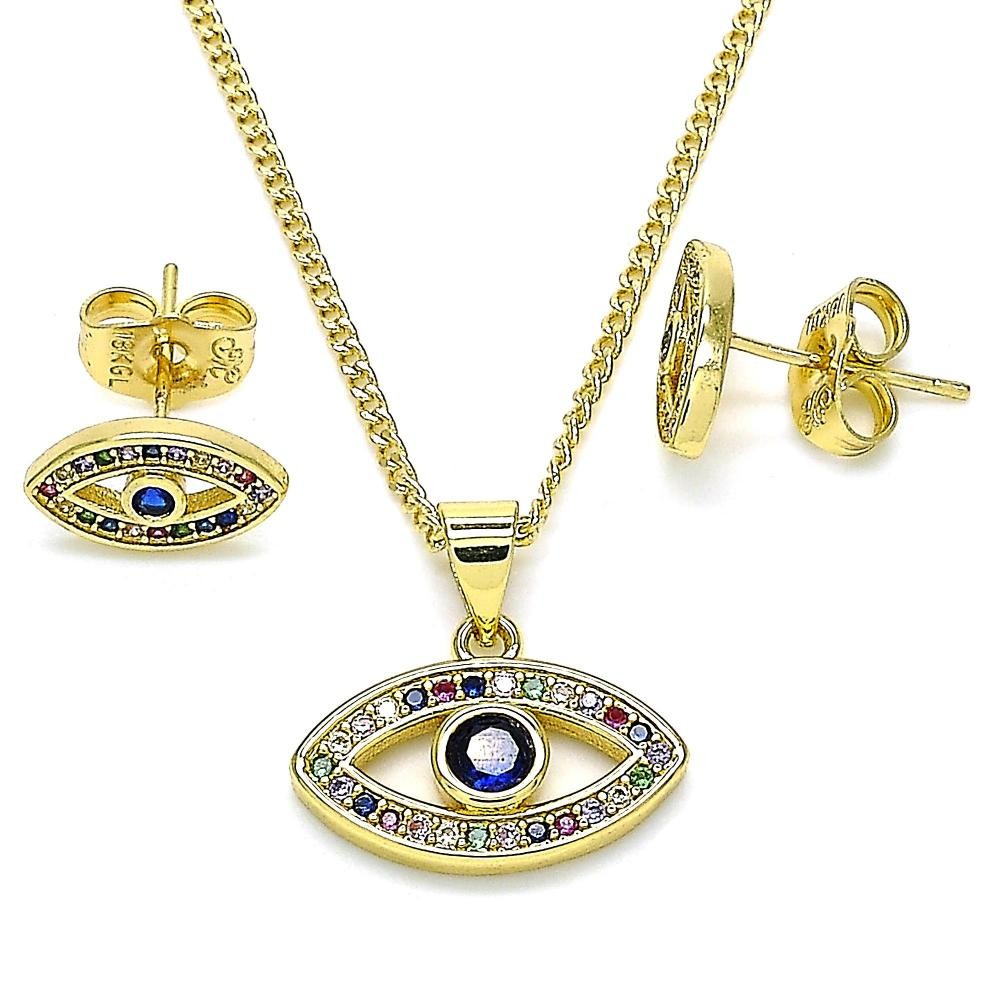 Gold Filled Earring and Pendant Set Greek Eye Design With Multicolor Micro Pave Polished Finish Golden Tone