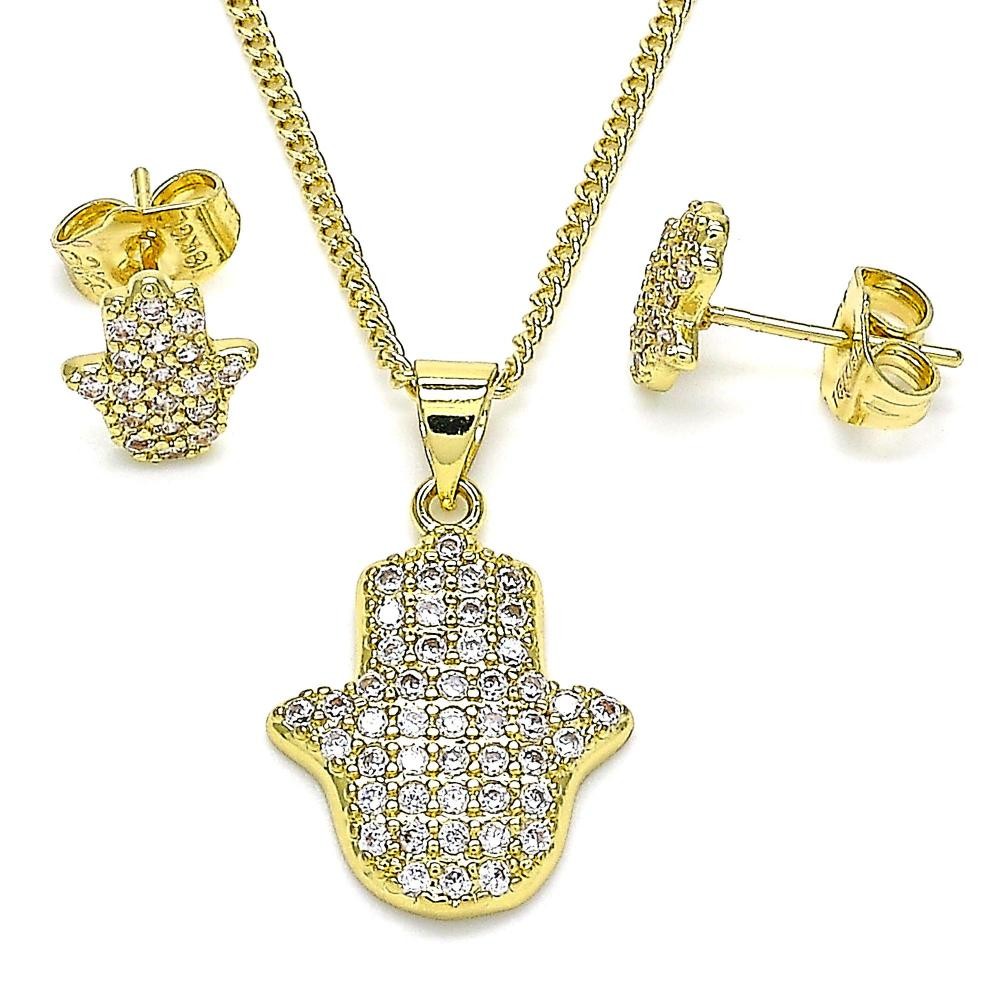 Gold Filled Earring and Pendant Set Hand of God Design With White Micro Pave Polished Finish Golden Tone