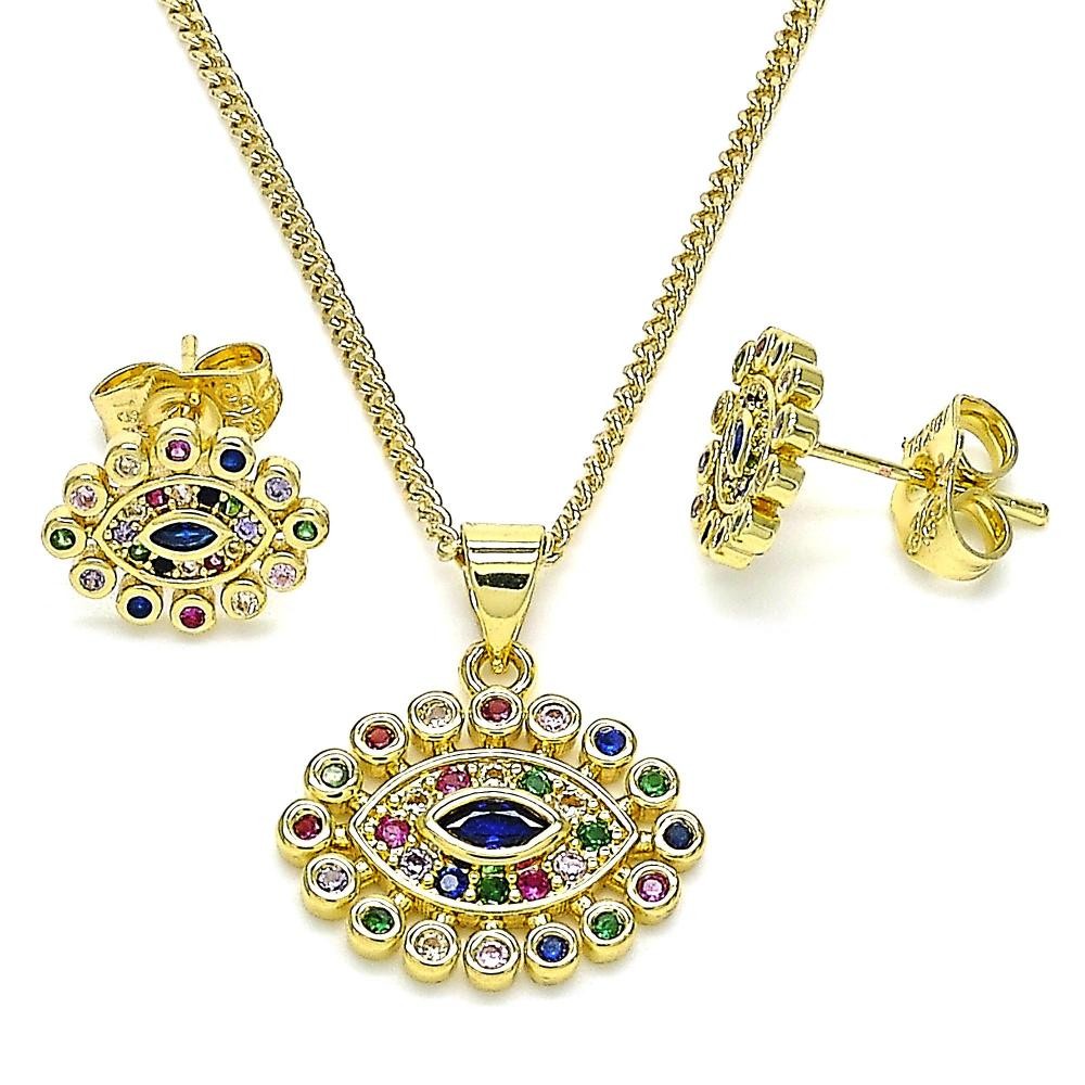 Gold Filled Earring and Pendant Set Greek Eye Design With Multicolor Micro Pave Polished Finish Golden Tone
