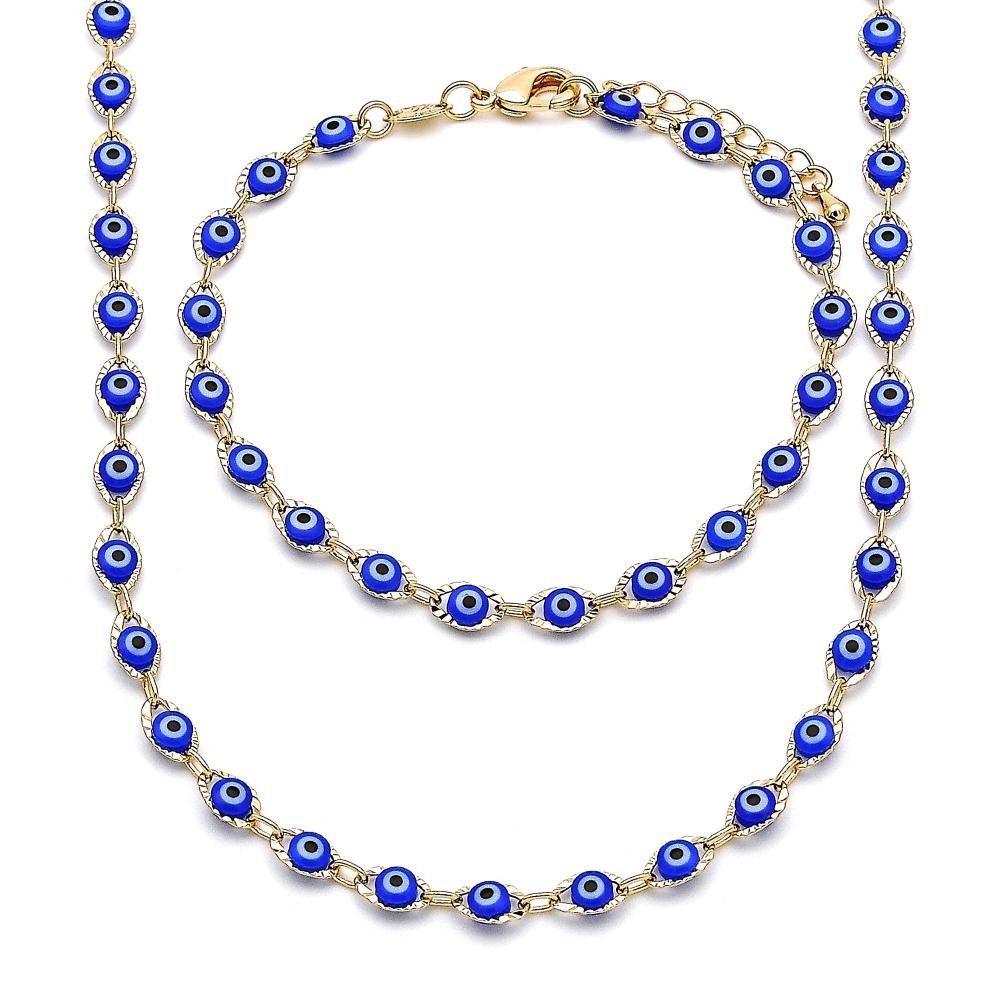 Gold Filled Greek Eye Design Necklace and Bracelet Blue Resin Finish Golden Tone