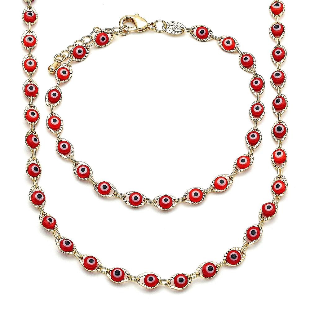 Gold Filled Greek Eye Design Necklace and Bracelet Red Resin Finish Golden Tone