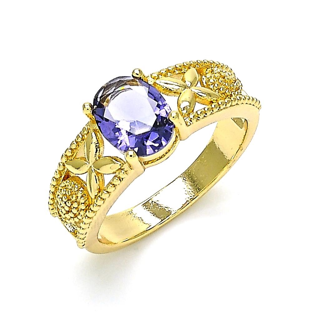 Gold Finish Multi Stone Ring Butterfly and Teardrop Design with Amethyst Cubic Zirconia Polished Golden Tone