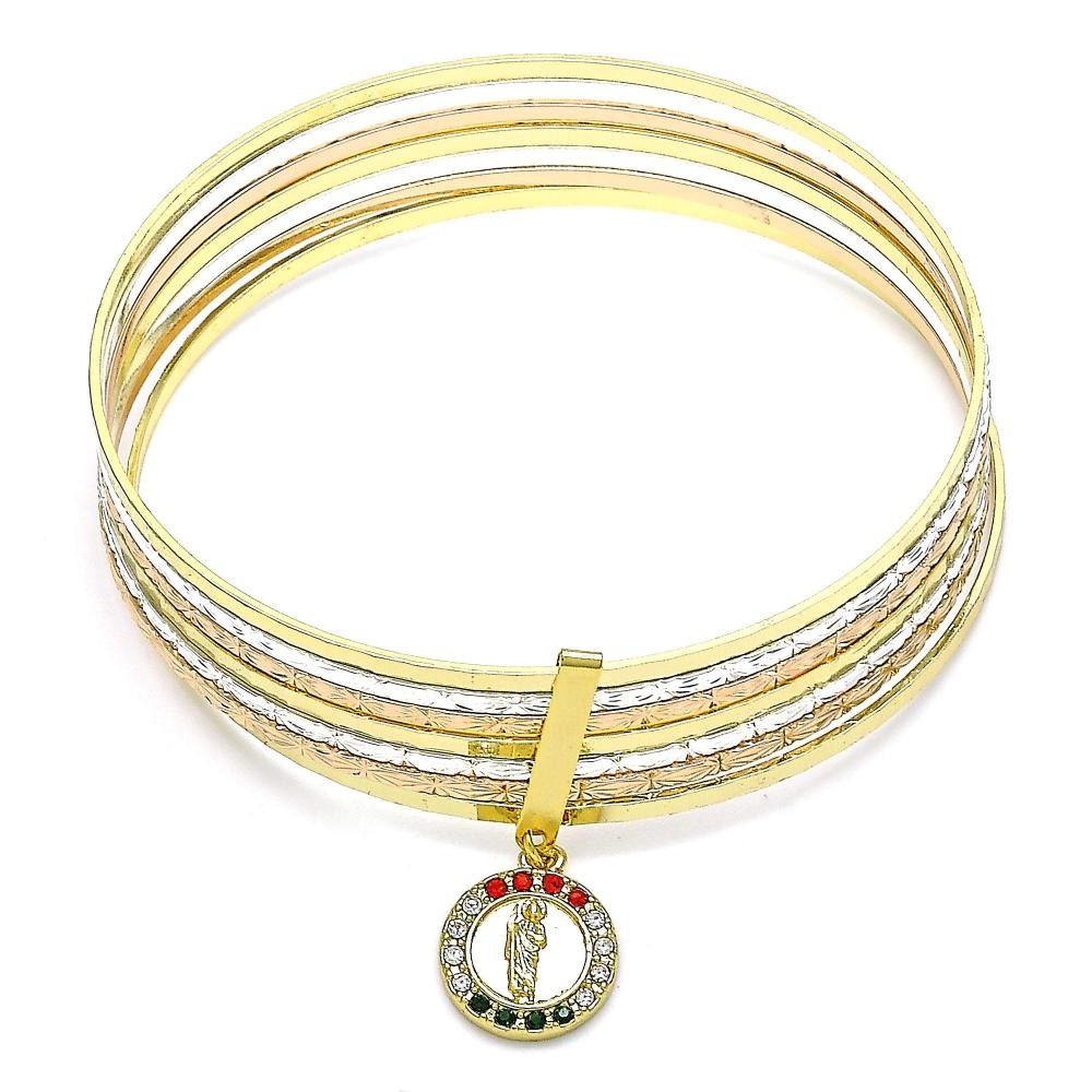 Gold Filled Semanario Bangle San Judas Design With Multicolor Crystal Diamond Cutting Finish Tri Tone