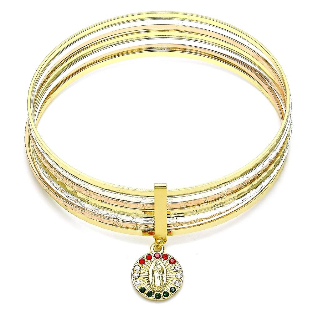 Gold Filled Semanario Bangle Guadalupe Design With Multicolor Crystal Diamond Cutting Finish Tri Tone