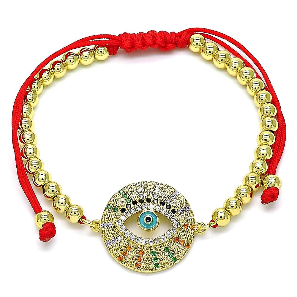 Gold Filled Adjustable Bolo Bracelet Greek Eye and Ball Design With Multicolor Micro Pave Turquoise Enamel Finish Golden Tone