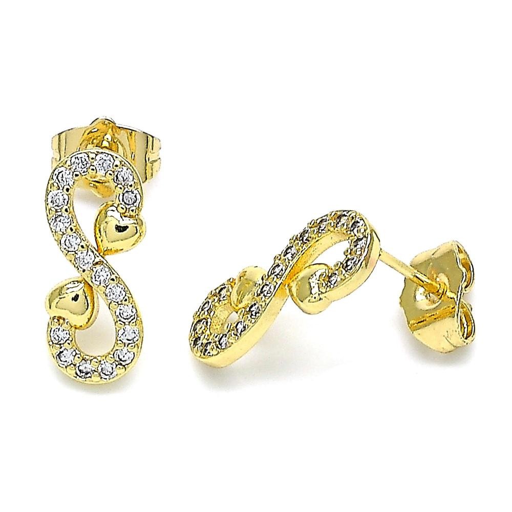 Gold Filled Stud Earrings Infinite and Heart Design With White Micro Pave Polished Finish Golden Tone