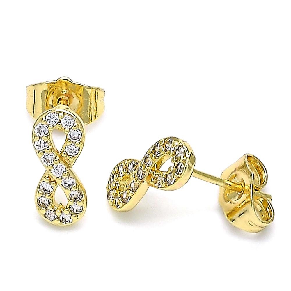 Gold Filled Stud Earrings Infinite Design With White Micro Pave Polished Finish Golden Tone