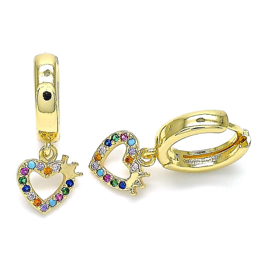 Gold Finish Huggie Hoop Heart and Crown Design with Multicolor Micro Pave Polished Golden Tone