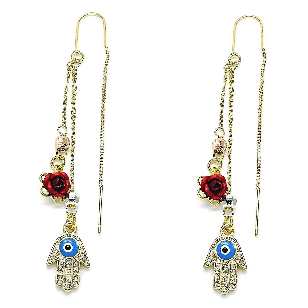 Gold Filled Threader Earrings Hand of God and Flower Design With White Micro Pave Turquoise Enamel Finish Tri Tone