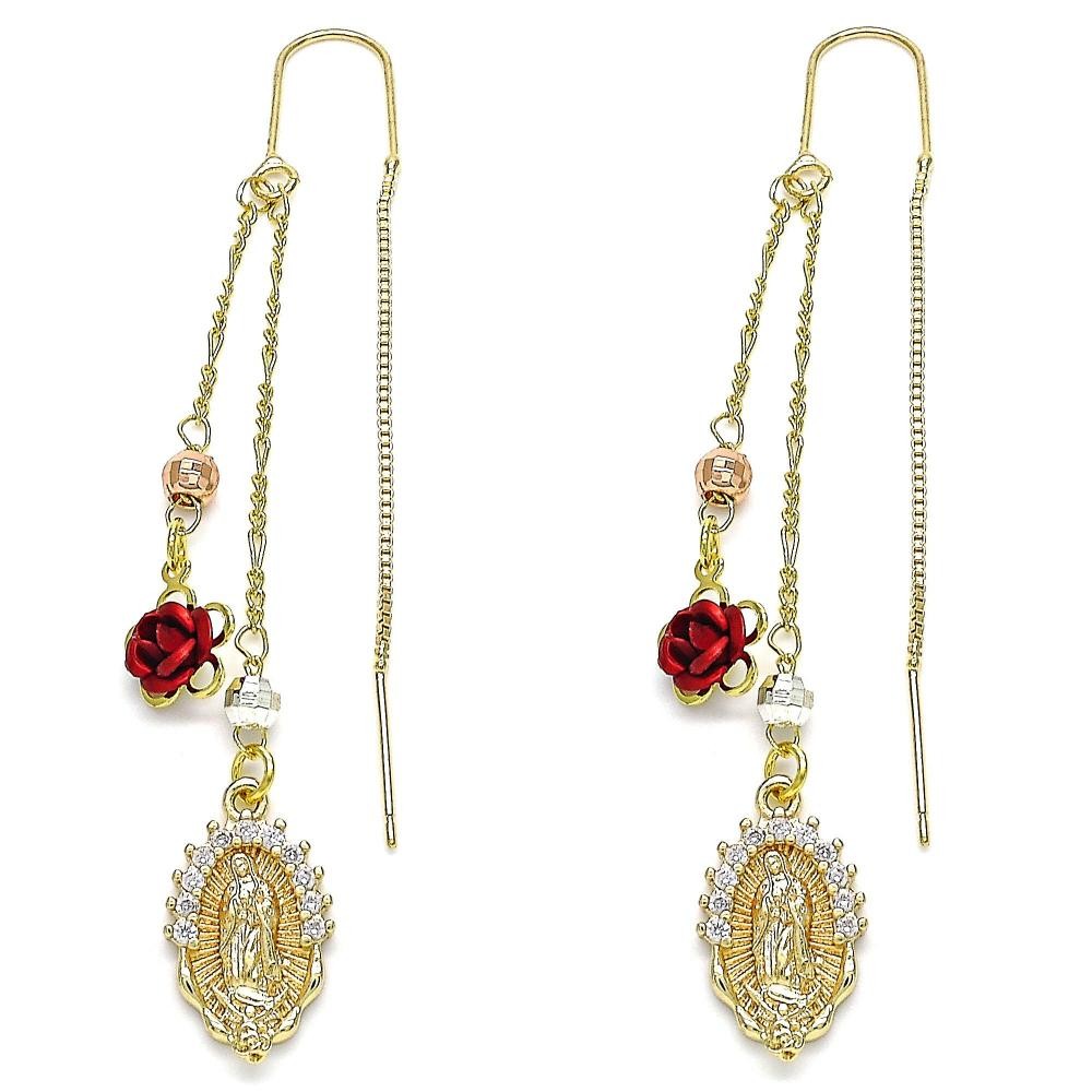 Gold Filled Threader Earrings Guadalupe and Flower Design With White Micro Pave Polished Finish Tri Tone