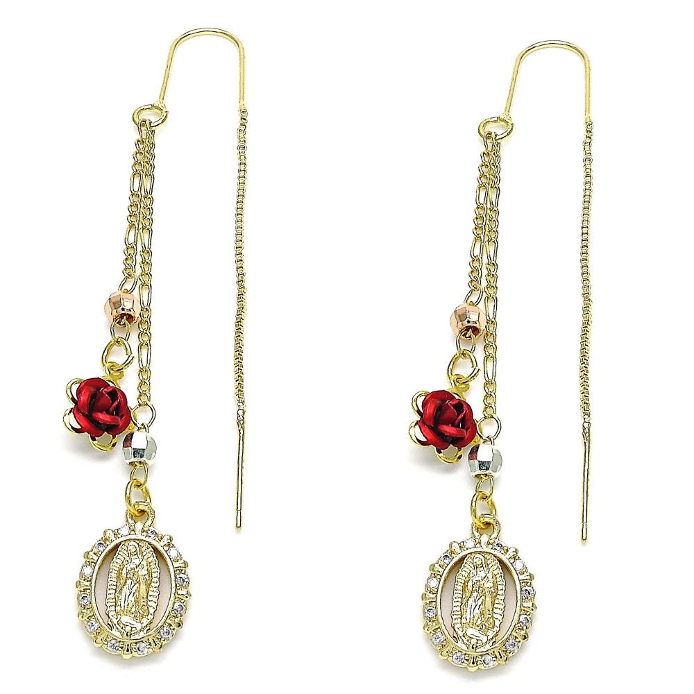 Gold Filled Threader Earrings Guadalupe and Flower Design With White Micro Pave Polished Finish Tri Tone