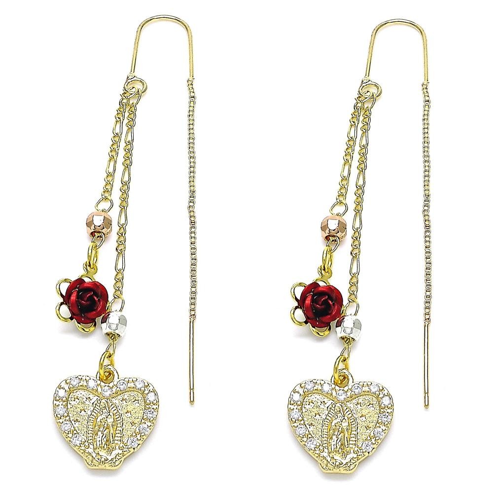 Gold Filled Threader Earrings Guadalupe and Heart Design With White Micro Pave Polished Finish Tri Tone