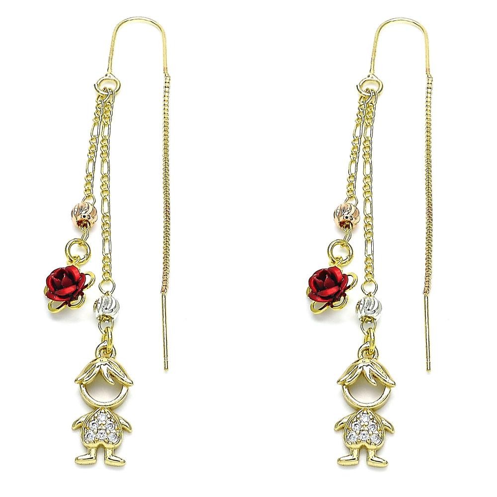 Gold Filled Threader Earrings Little Boy and Flower Design With White Micro Pave Polished Finish Tri Tone