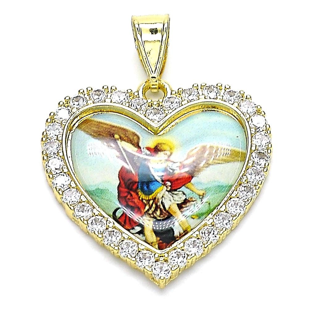 Gold Filled Religious Pendant Angel and Heart Design With White Cubic Zirconia Polished Finish Golden Tone