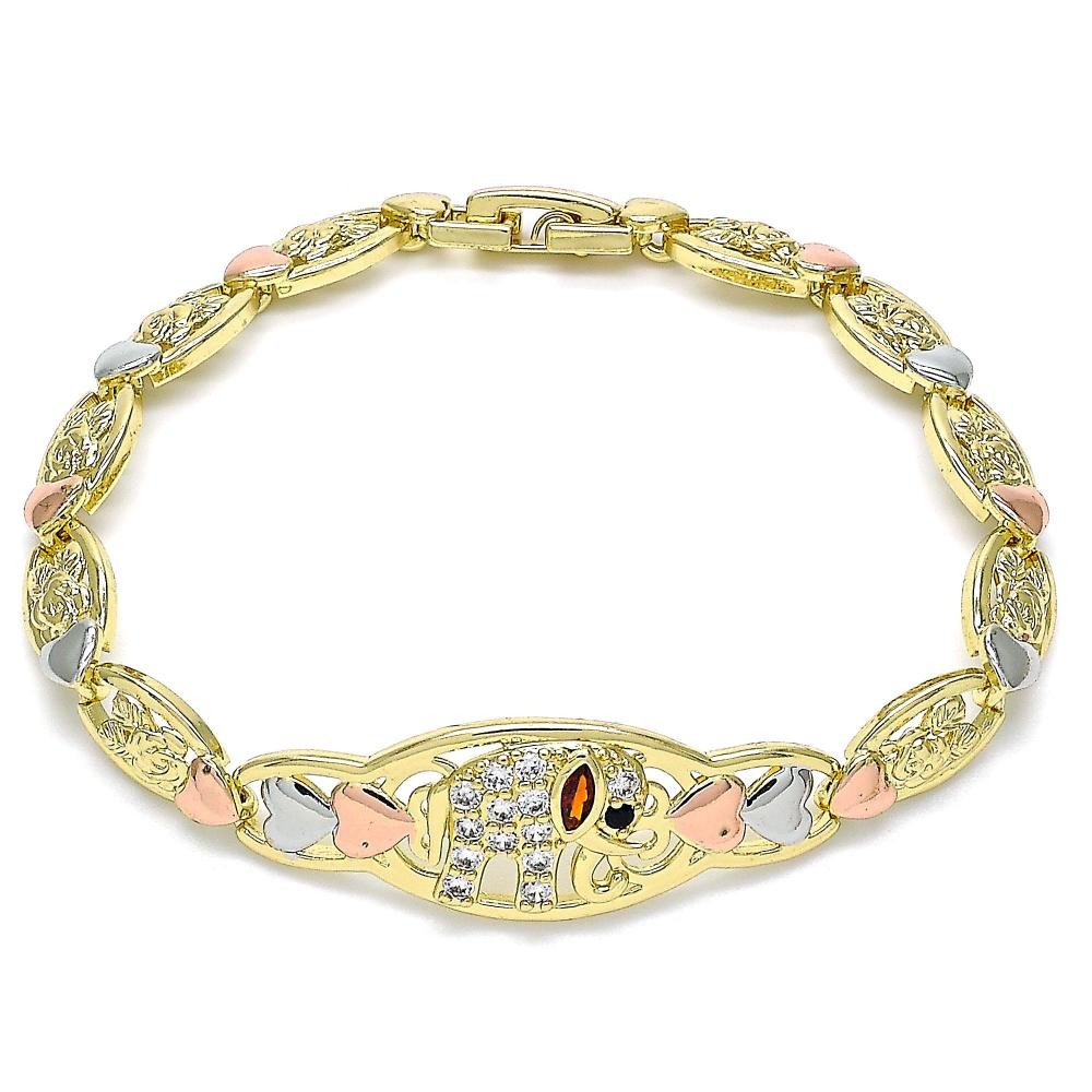 Gold Finish Fancy Bracelet Elephant and Heart Design with Garnet and White Cubic Zirconia Polished Tri Tone