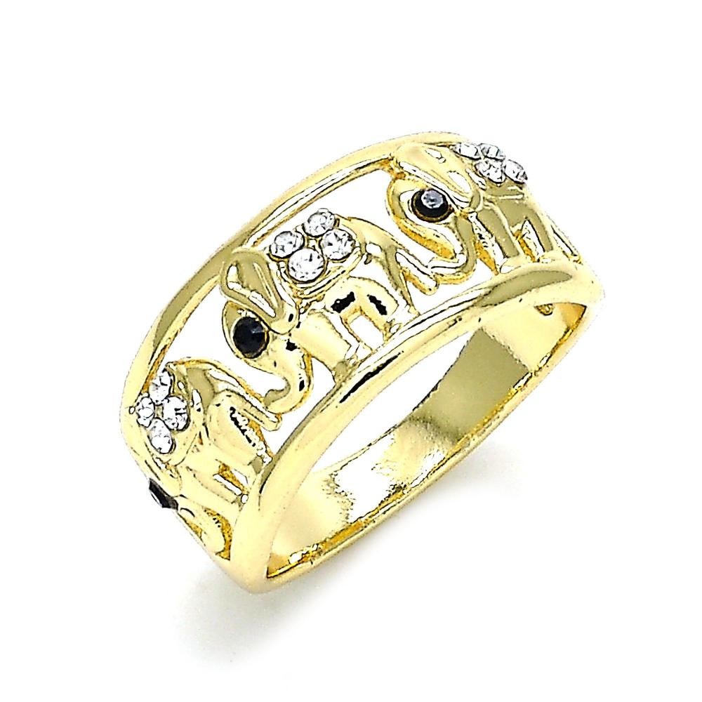 Gold Filled Multi Stone Ring Elephant Design With White and Black Crystal Polished Finish Golden Tone