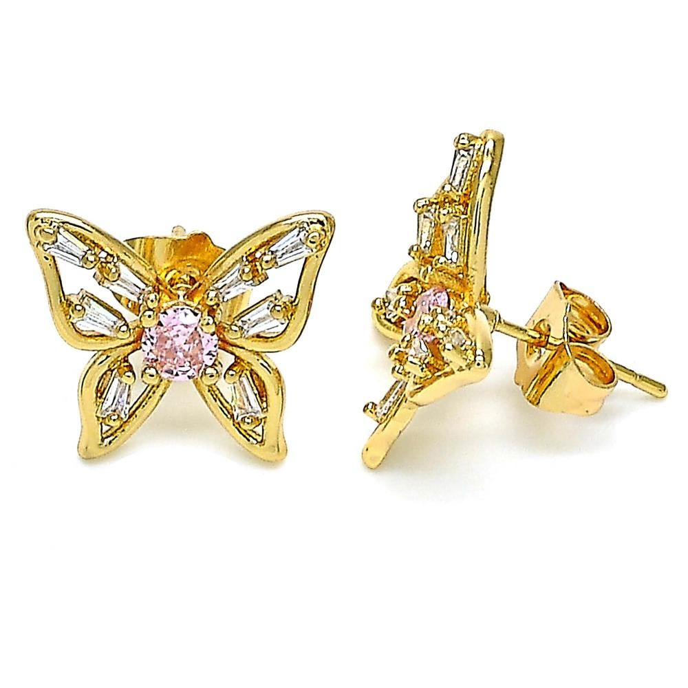 Gold Filled Stud Earrings Butterfly Design With Pink and White Cubic Zirconia Polished Finish Golden Tone