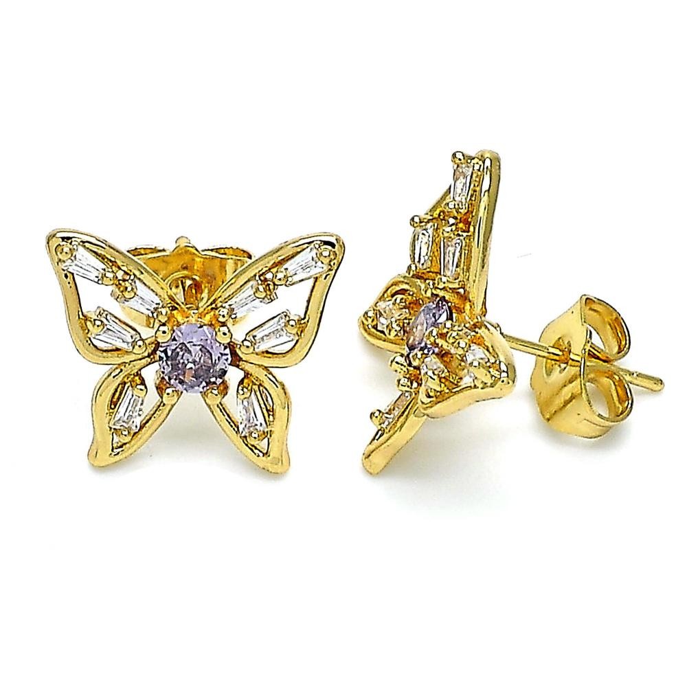 Gold Filled Stud Earrings Butterfly Design With Amethyst and White Cubic Zirconia Polished Finish Golden Tone