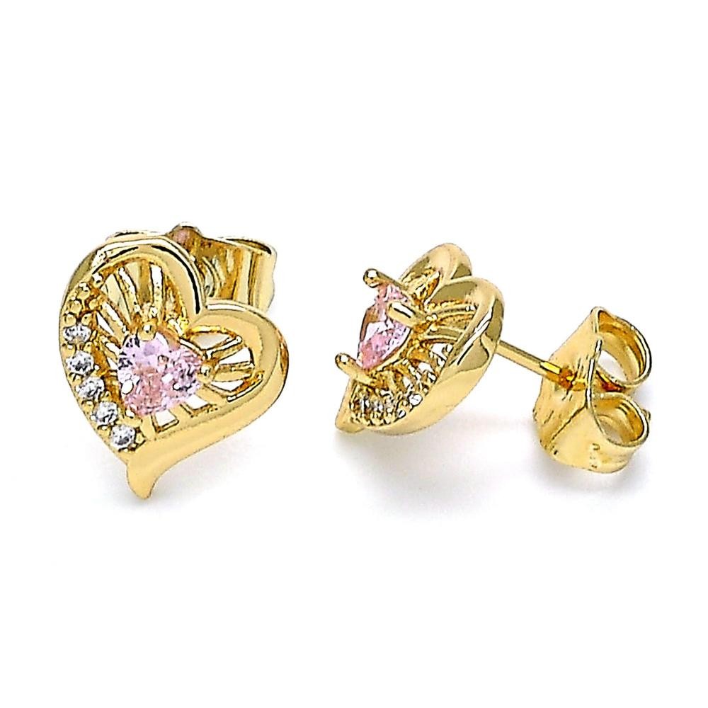 Gold Filled Stud Earrings Heart Design With Pink and White Cubic Zirconia Polished Finish Golden Tone