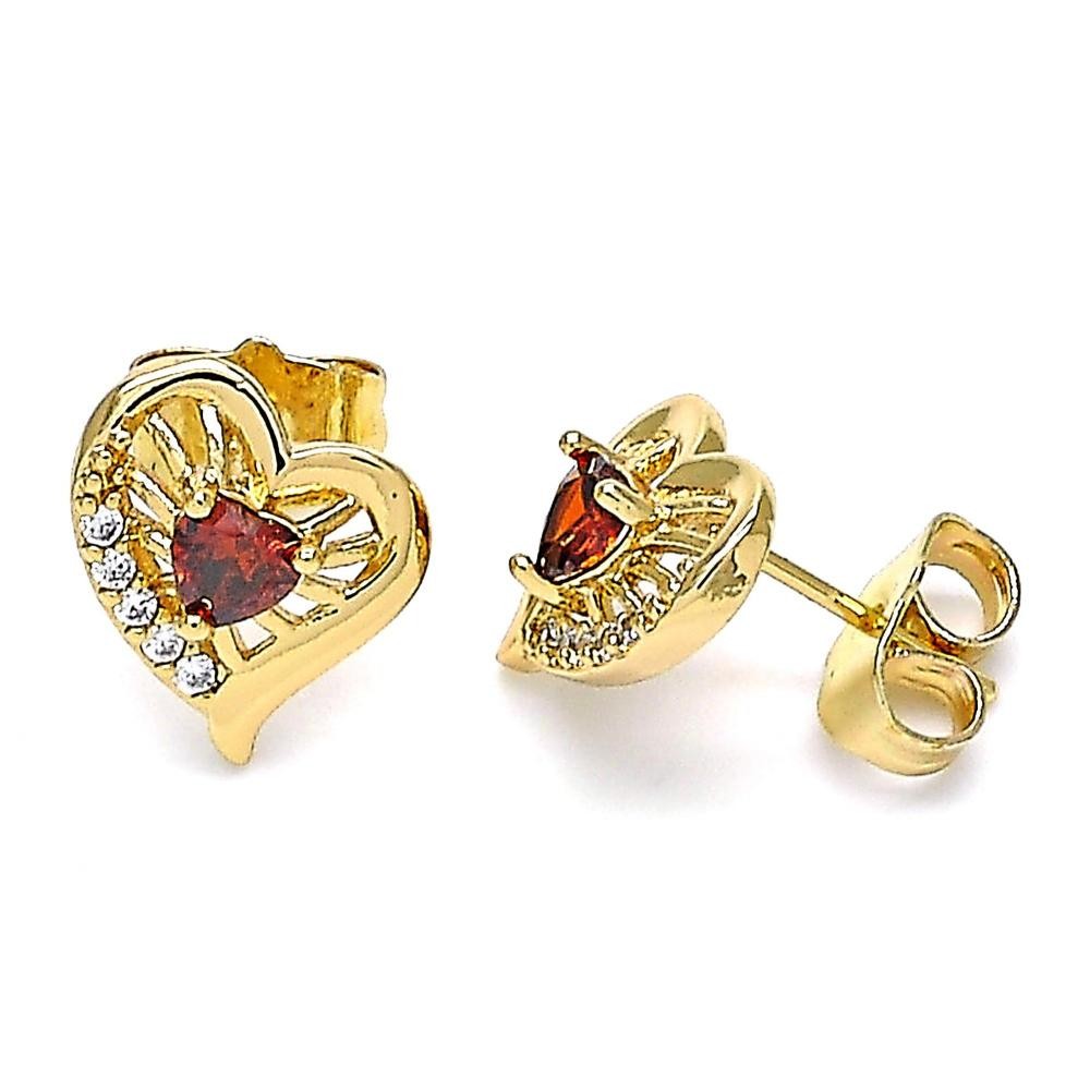 Gold Filled Stud Earrings Heart Design With Garnet and White Cubic Zirconia Polished Finish Golden Tone