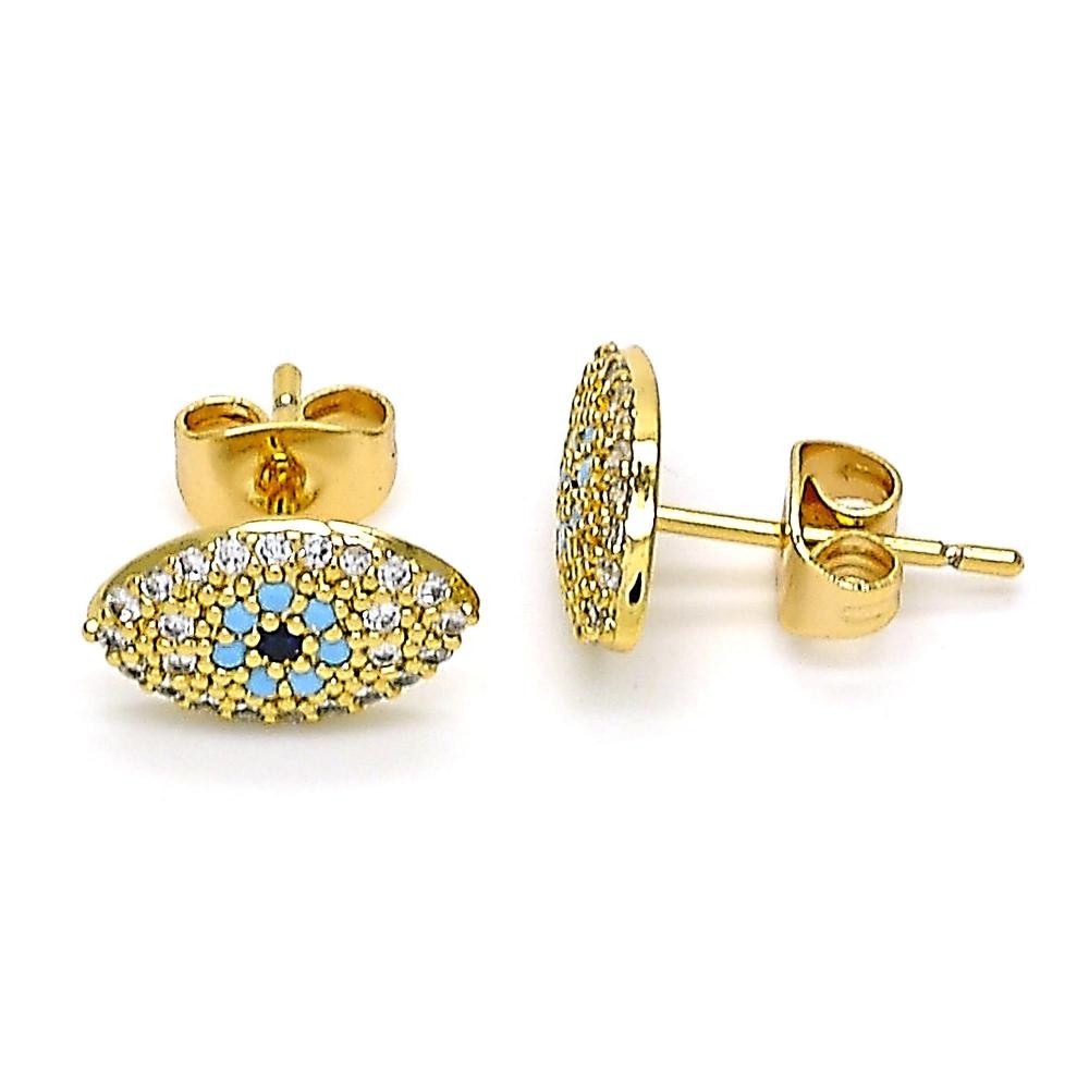 Gold Filled Stud Earrings Greek Eye Design With Sapphire Blue and Turquoise Micro Pave Polished Finish Golden Tone