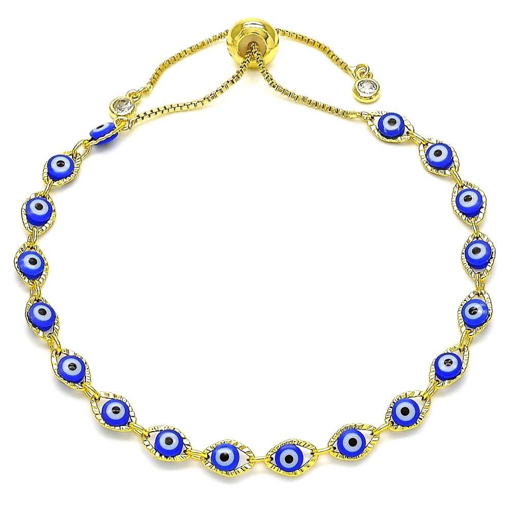 Gold Filled Adjustable Bolo Bracelet Greek Eye Design With White Cubic Zirconia Blue Resin Finish Golden Tone