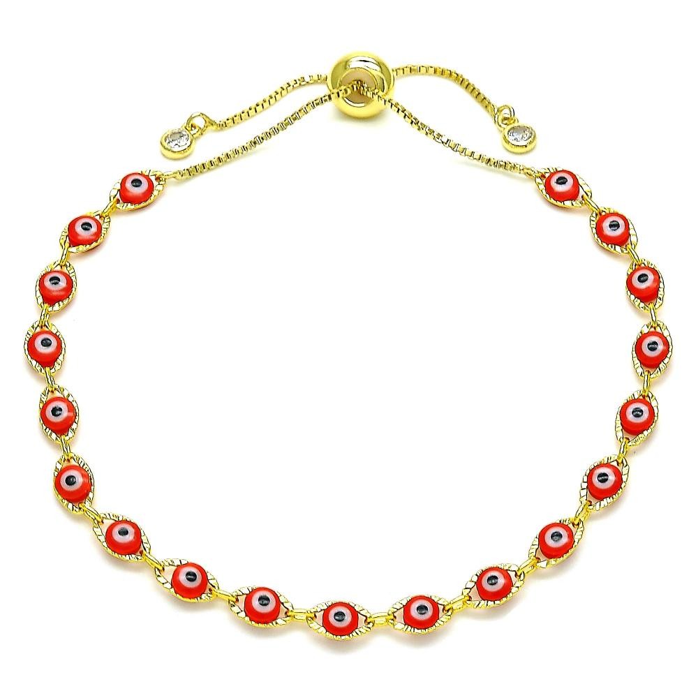 Gold Filled Adjustable Bolo Bracelet Greek Eye Design With White Cubic Zirconia Red Resin Finish Golden Tone