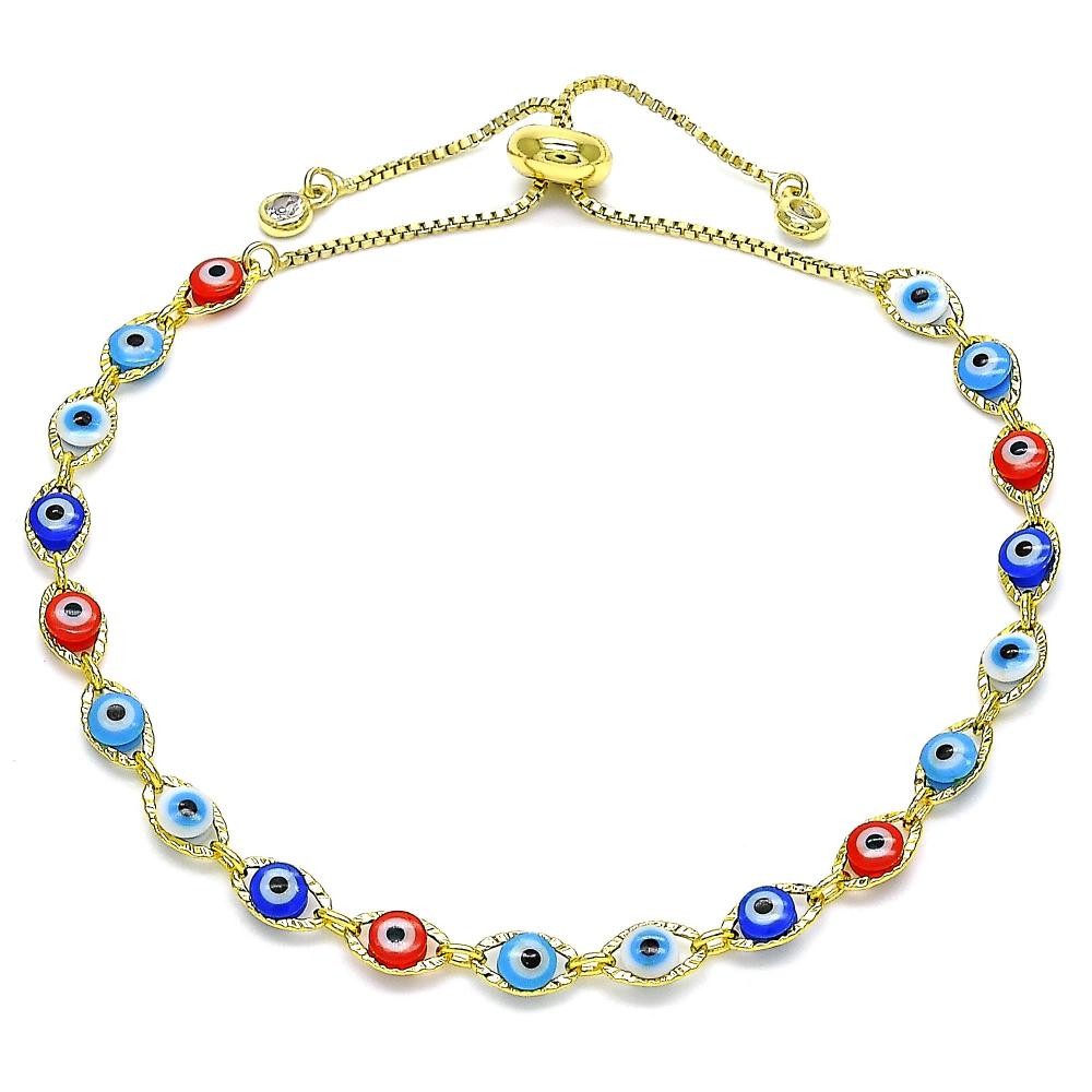 Gold Filled Adjustable Bolo Bracelet Greek Eye Design With White Cubic Zirconia Multicolor Resin Finish Golden Tone
