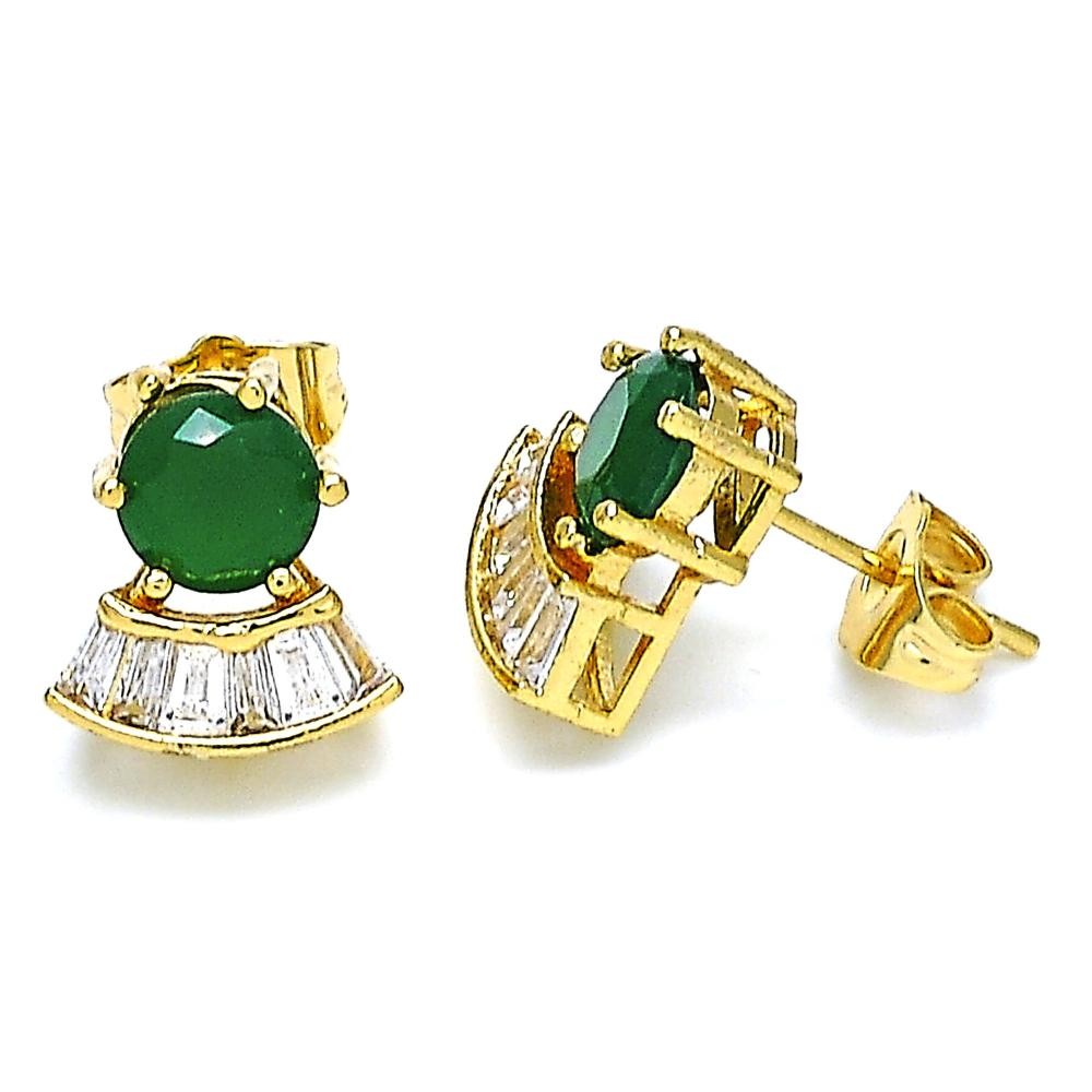 Gold Filled Stud Earring with Green and White Cubic Zirconia Polished Golden Tone