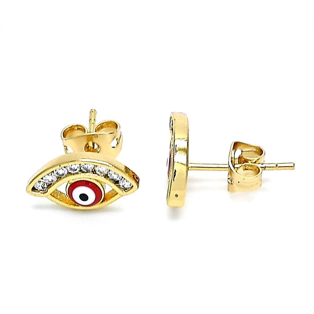 Gold Filled Stud Earring Greek Eye Design With White Cubic Zirconia Red Enamel Finish Golden Tone